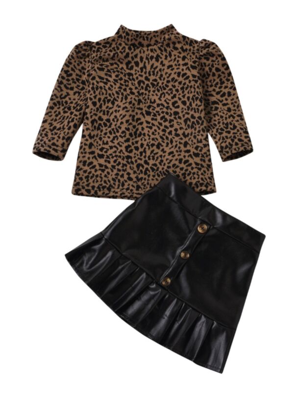 2 Pieces Kid GIrl Leopard Puff Sleeve Top With PU Ruffle Hem Skirt Set