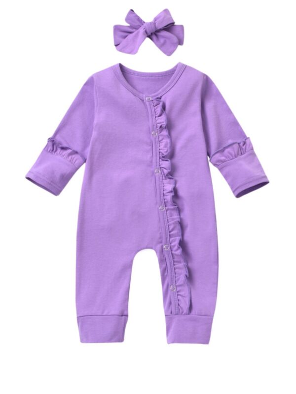2 Pieces Baby Girl Ruffle Decor Purple Jumpsuit And Headband
