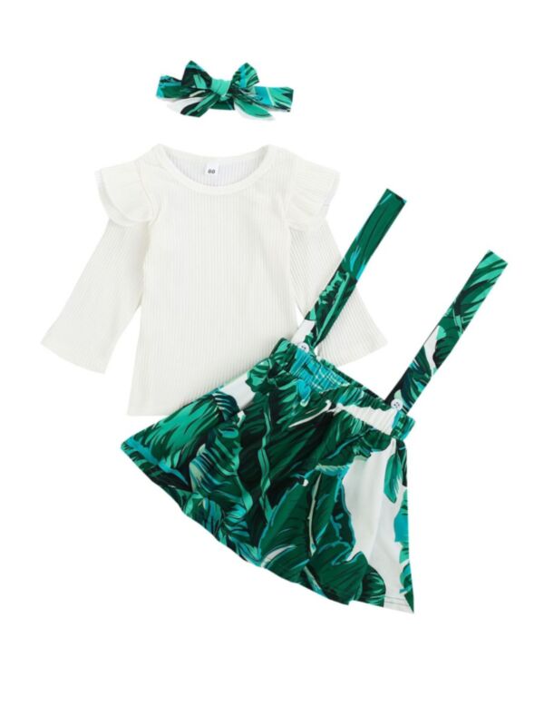 3 Pieces Toddler Kid Girl Ribbed Top Leaves Printed Suspender Skirt Headband Set