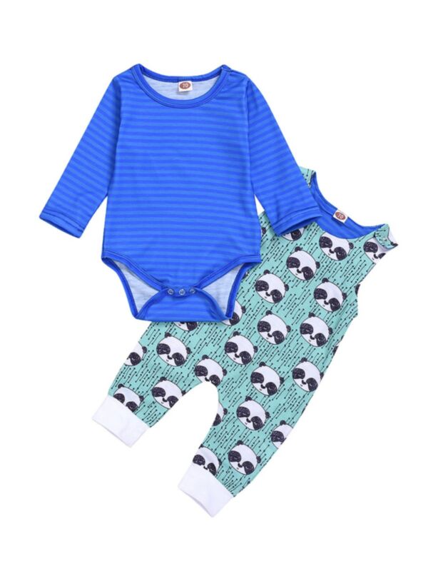 2 Pieces Baby Boy Striped Top And Panda Tank Jumpsuit Set