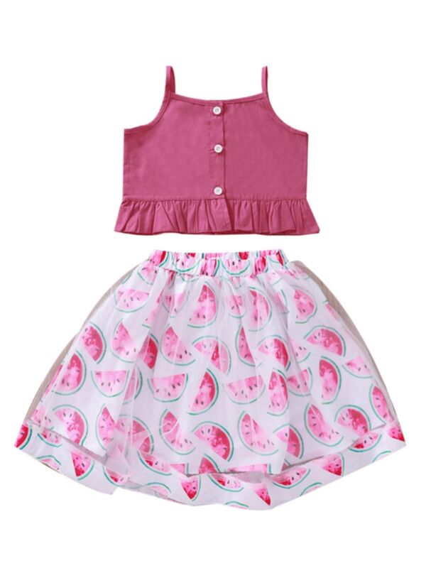 2 Pieces Kid Girl Plain Cami Top And Mesh Print Skirt Set