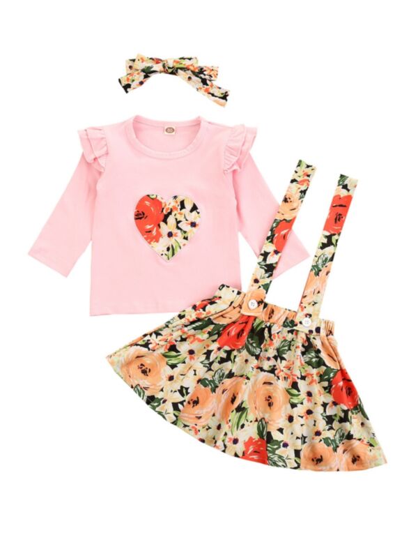 3 Pieces Toddler Kid Girl Love Heart Flower Set Top Suspender Skirt Headband