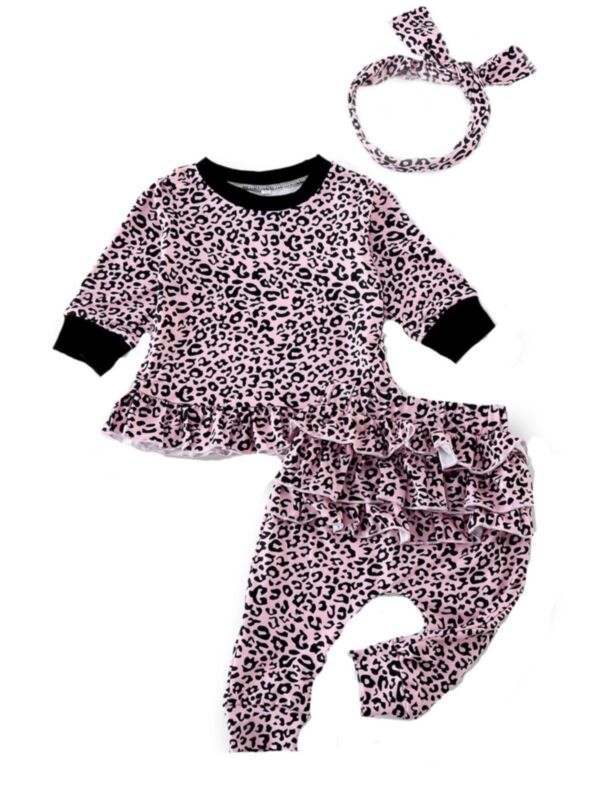 3 Pieces Baby Girl Ruffle Trim Leopard Set Top & Pants & Headband