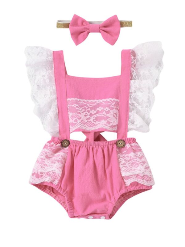 2-Piece Summer Baby Girl Lace Decor Flutter Sleeve Backless Bodysuit Match Headband