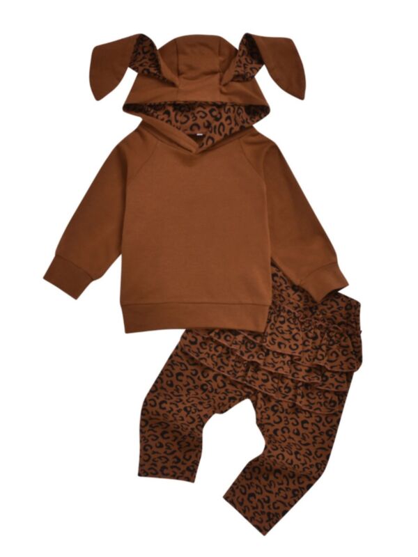 2 Pieces Kid Girl Leopard Set Rabbit Ear Hooded Sweatshirt And Pants