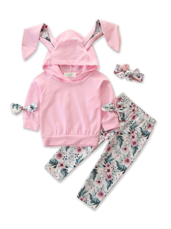3 Pieces Baby Girl Rabbit Ear Hooded Sweatshirt & Flower Pants & Headband Set