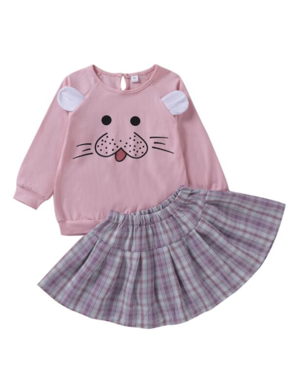 Two-piece Baby Girl Cat Print Top And Plaid Pleated Skirt Set 