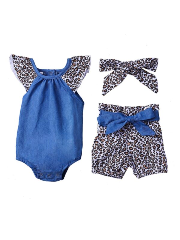 3-Piece Babt Girl Leopard Flutter Sleeve Bodysuit Belted Shorts Headband Set