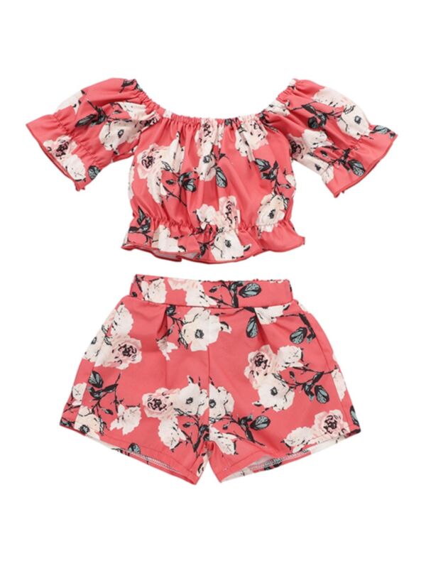2-Piece Baby Girl Flower Set Off Shoulder Top And Shorts