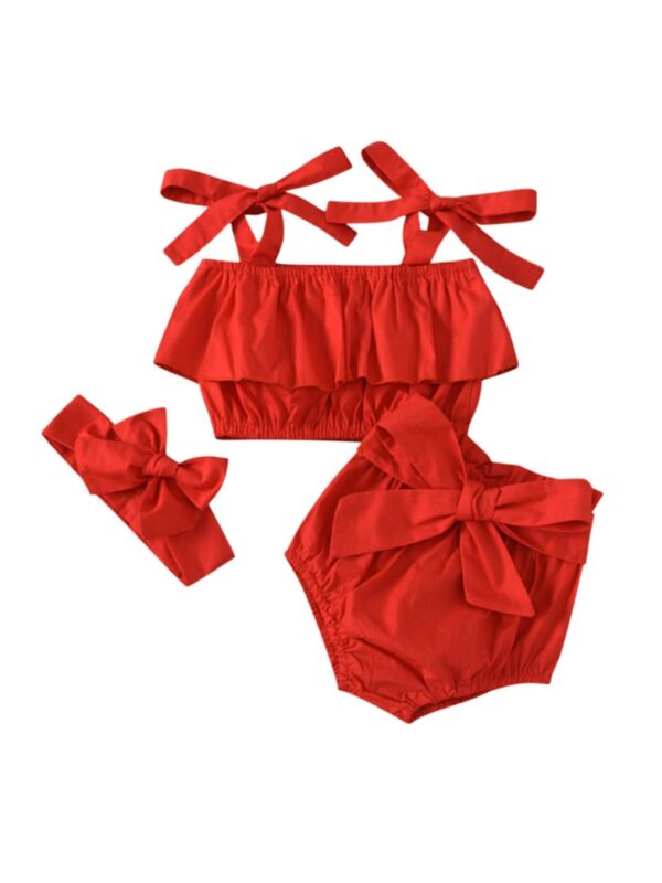 3 Pieces Baby Girl Solid Color Set Top Shorts Headband