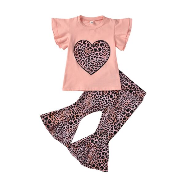2 Pieces Kid Girl Leopard Love Heart Set Flutter Sleeve Top And Flared Pants 