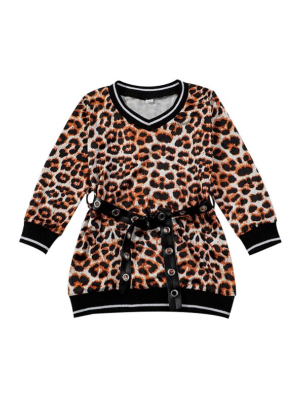 Kid Girl Long Sleeve Leopard Belted Dress
