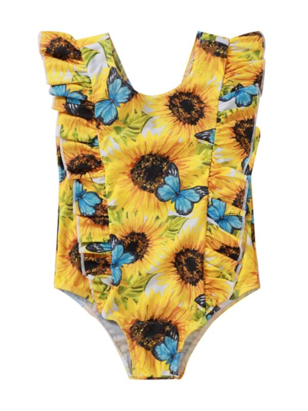 Little Girl Sunflower Butterfly Ruffle Decor One-Piece Swimsuit