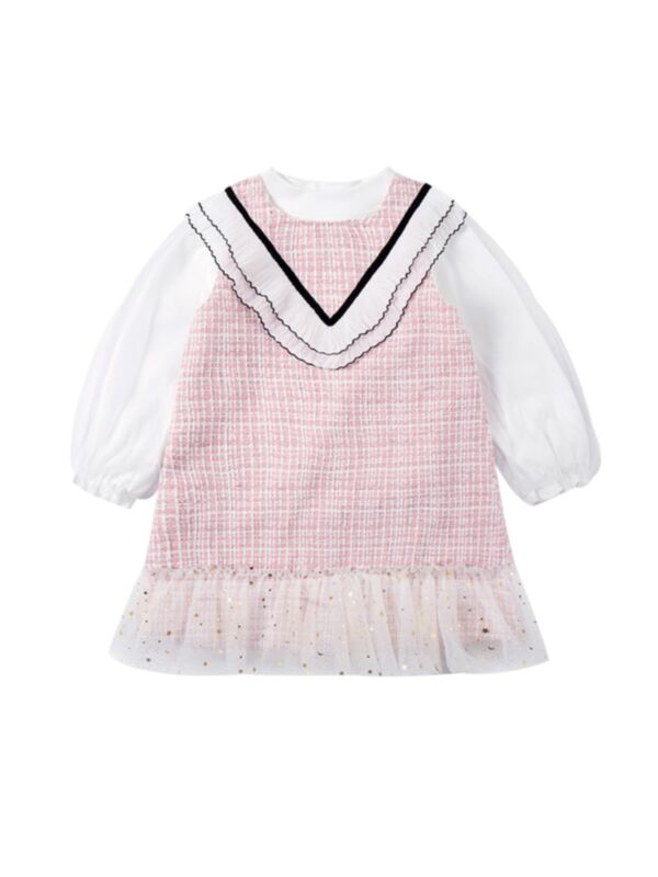 2 Pieces Kid Girl White Top And Stripe Ruffle Trim Tank Dress Set