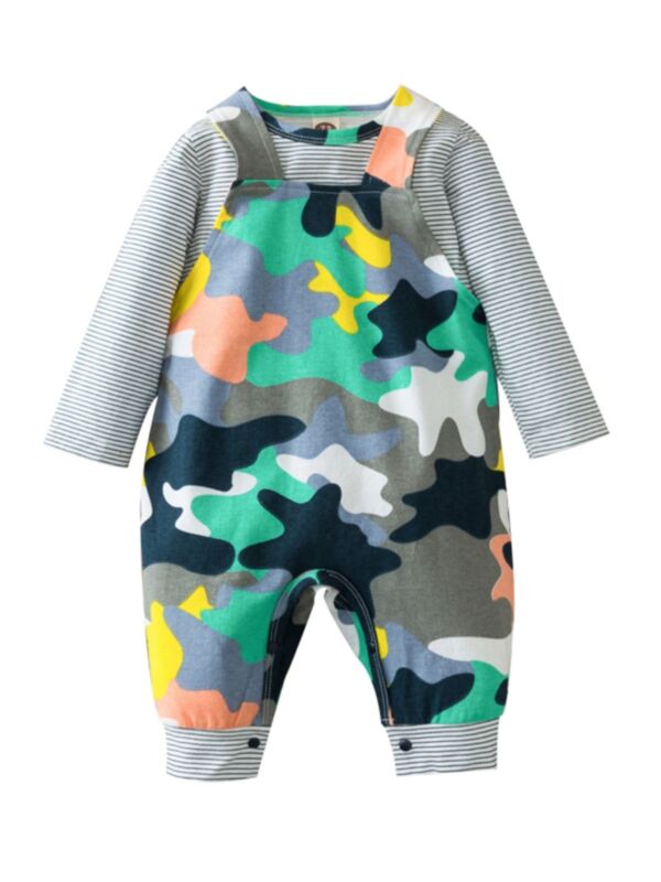 2 Pieces Baby Stripe Top And Camouflage Suspender Pants Set