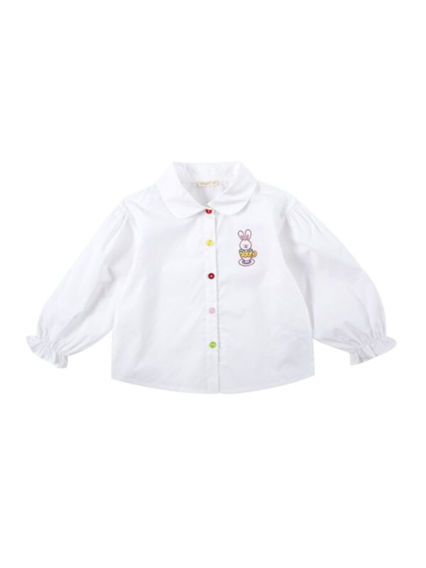 Kid Girl Rabbit Contrast Collar Latern Sleeve Shirt In White