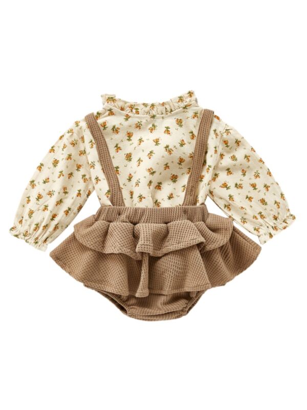 2 Pieces Baby Girl Floral Top And Tiered Layed Suspender Skirt Set