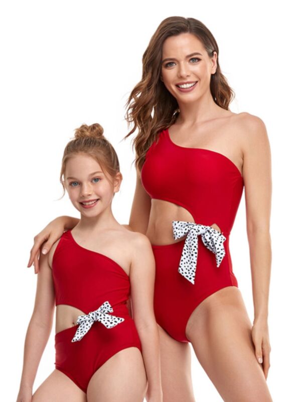Mom And Me Solid Color Polka Dots Bow Swimwear