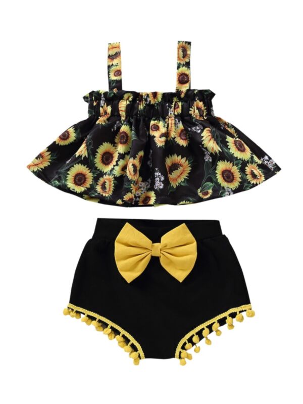 2 Pieces Infant Girl Sunflower Cami Top And Pom Pom Bow Shorts