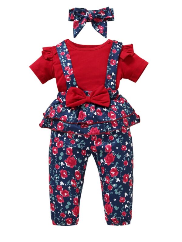 3 Pieces Baby Girl Plain Bodysuit Floral Suspender Pants Headband Set