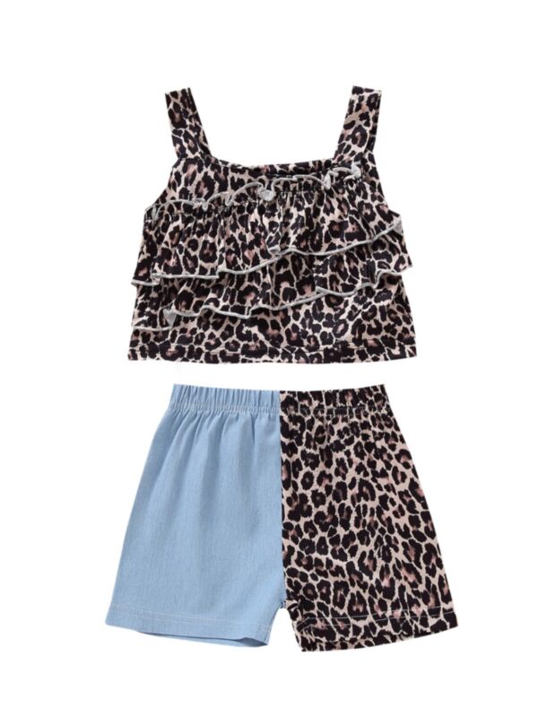 2 Pieces Baby Girl Leopard Set Ruffle Trim Cami Top And Hit Color Shorts