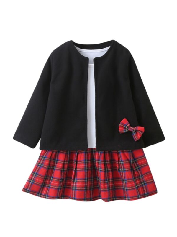 2 Pieces Kid Girl Checked Set Dress And Cardigan