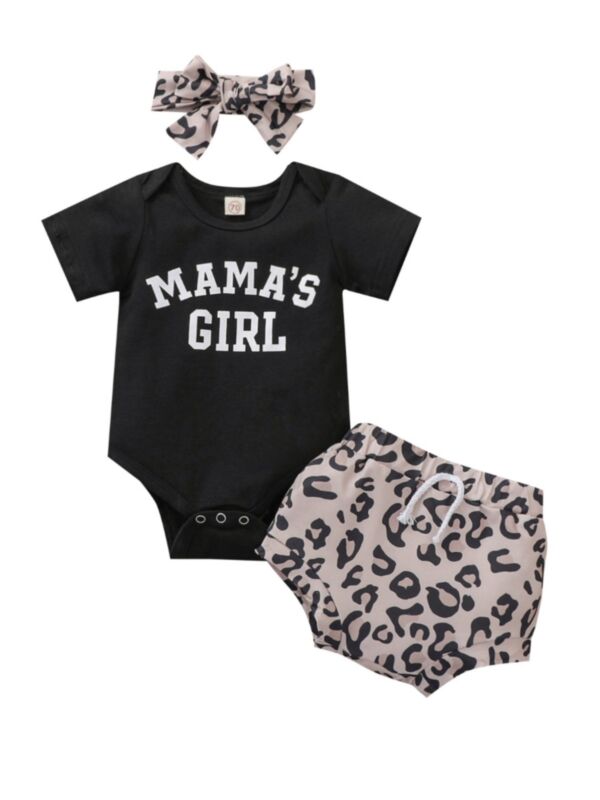 3 Pieces Baby Girl Mama's Girl Bodysuit & Leopard Shorts & Headband Set