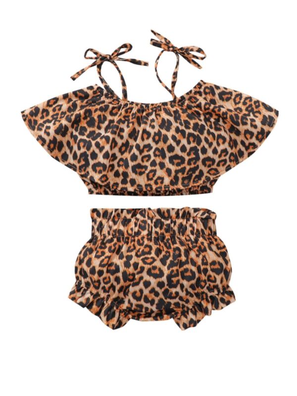 2 Pieces Baby Girl Leopard Off  Shoulder Top And Shorts Set