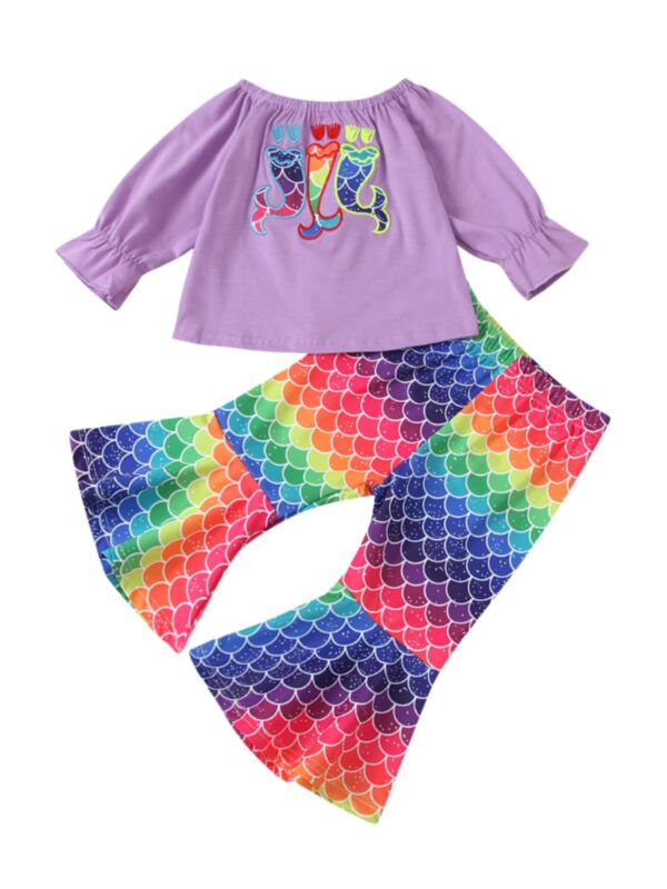 2-Piece Kid Girl Mermaid Set Off Shoulder Top And Flared Pants Set