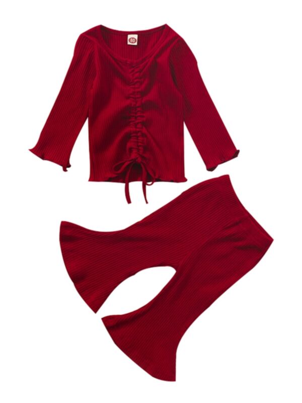 2-Piece Baby Toddler Girl Ribbed Ruched Drawstring Top And Flared Pants Set