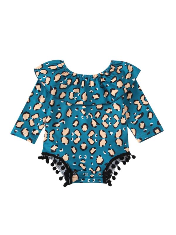 Baby Girl Pom Pom Ruffle Collar Long Sleeve Leopard Bodysuit