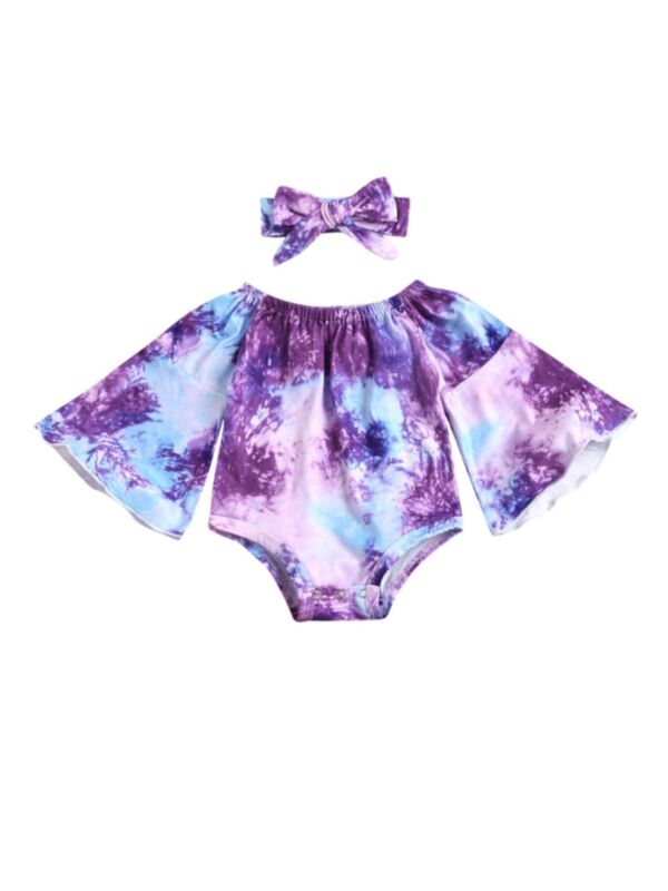 Two Pieces Baby Girl Flared Sleeve Tie Dye Off Shoulder Bodysuit And Headband 