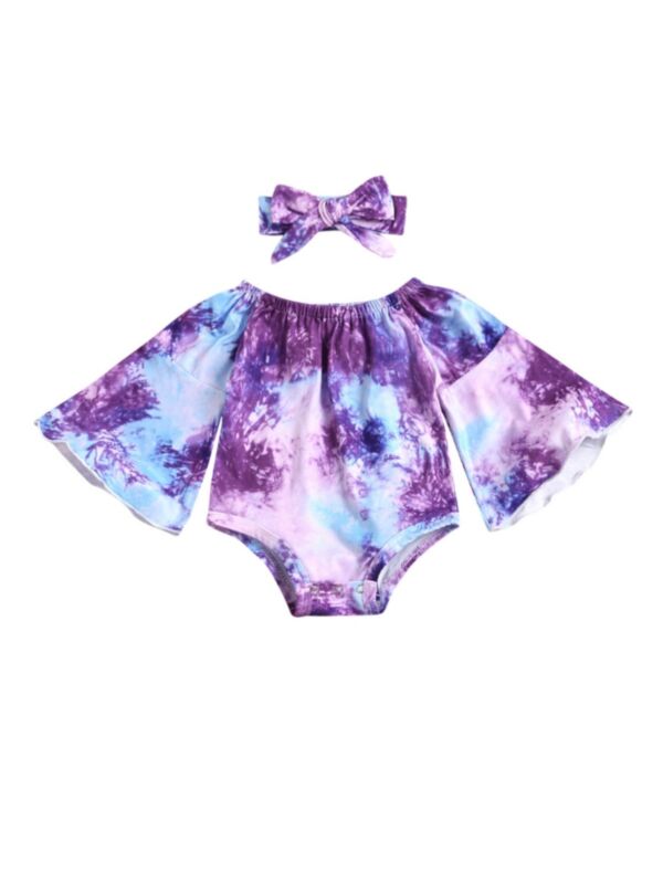 Two Pieces Baby Girl Flared Sleeve Tie Dye Off Shoulder Bodysuit And Headband