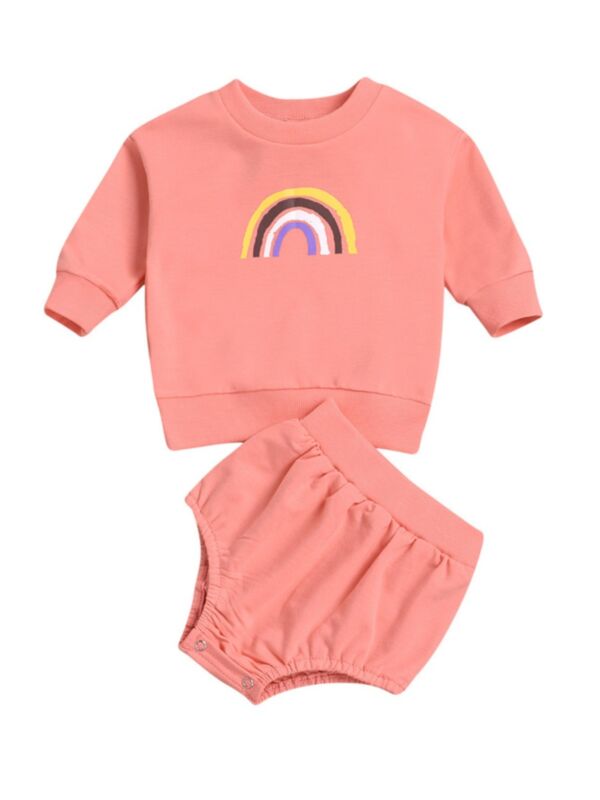 2 Pieces Baby Girl Rainbow Sweatshirt And Shorts Set