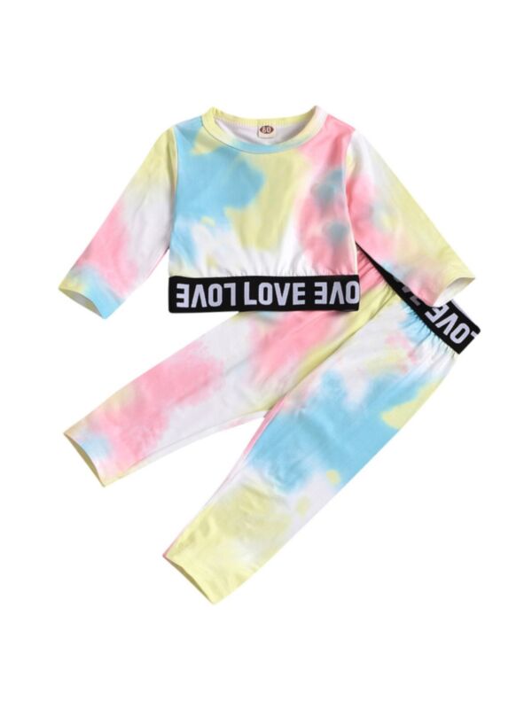 2 Pieces Toddler Girl Love Tie-dye Print Set Top Match Pants