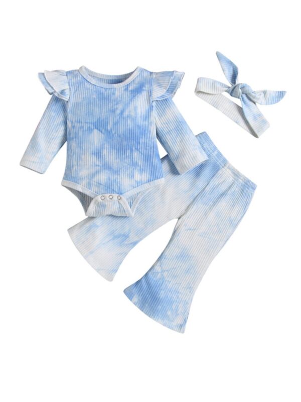 3 Pieces Baby Girl Tie Dye Set Flutter Sleeve Bodysuit And Flared Pants And Headband