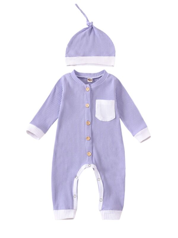 2 Pieces Baby Ribbed  Pocket Button Jumpsuit With Hat