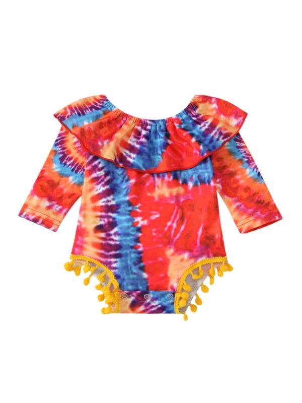 Baby Girl Tie Dye Pom Pom Ruffle  Collar Long Sleeve Bodysuit