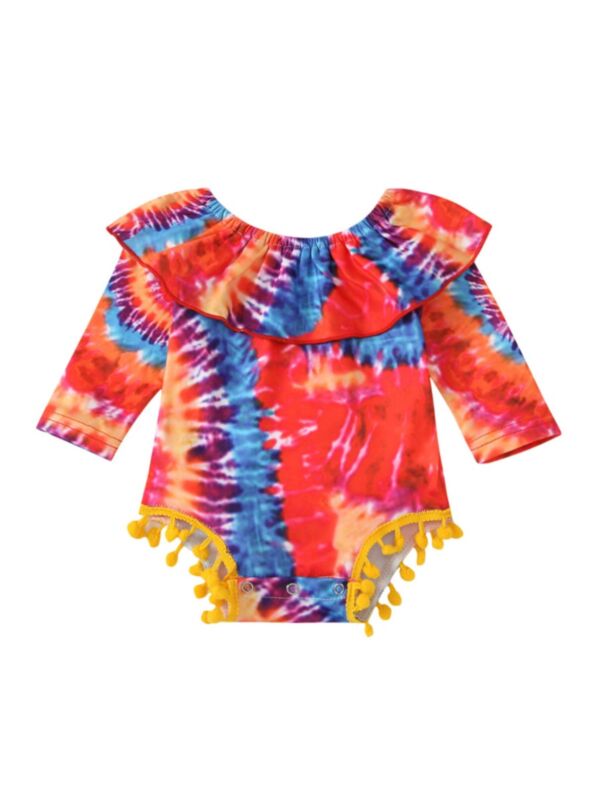 Baby Girl Tie Dye Pom Pom Ruffle Collar Long Sleeve Bodysuit