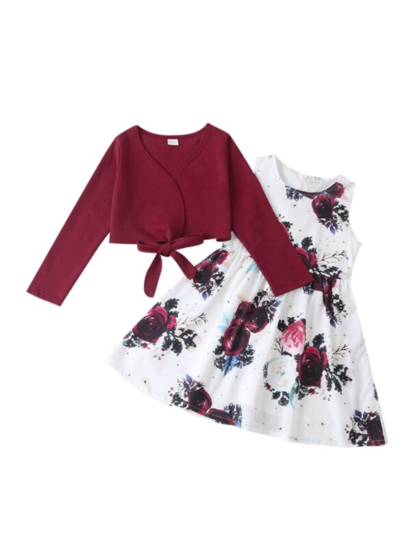 2 PCS Kid Girl Burgundy Top With Floral Print Tank Dress Set
