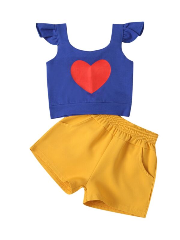 2 PCS Toddler Girl Flutter Sleeve Love Heart Top And Shorts Set