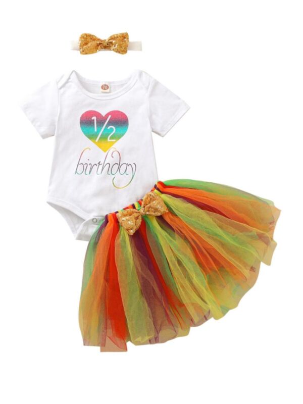 3-Piece Baby Girl Love Heart Birthday Bodysuit & Colorful Skirt & Headband  Set