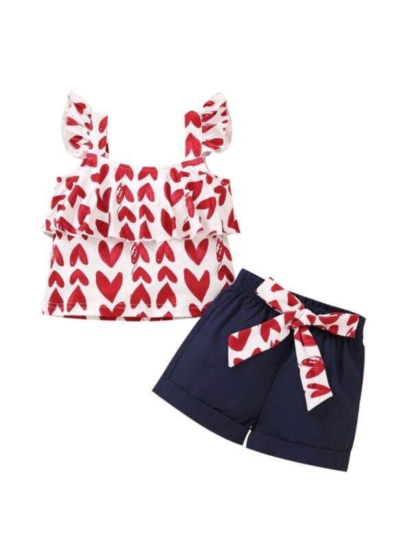 3 Pieces Kid Girl Love Heart Print Set Flutter Sleeve Top And Shorts Set