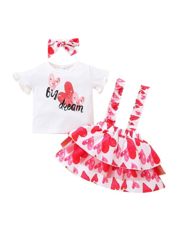 3 PCS Baby Girl Big Dream Love Heart Top & Suspender Skirt & Headband Set