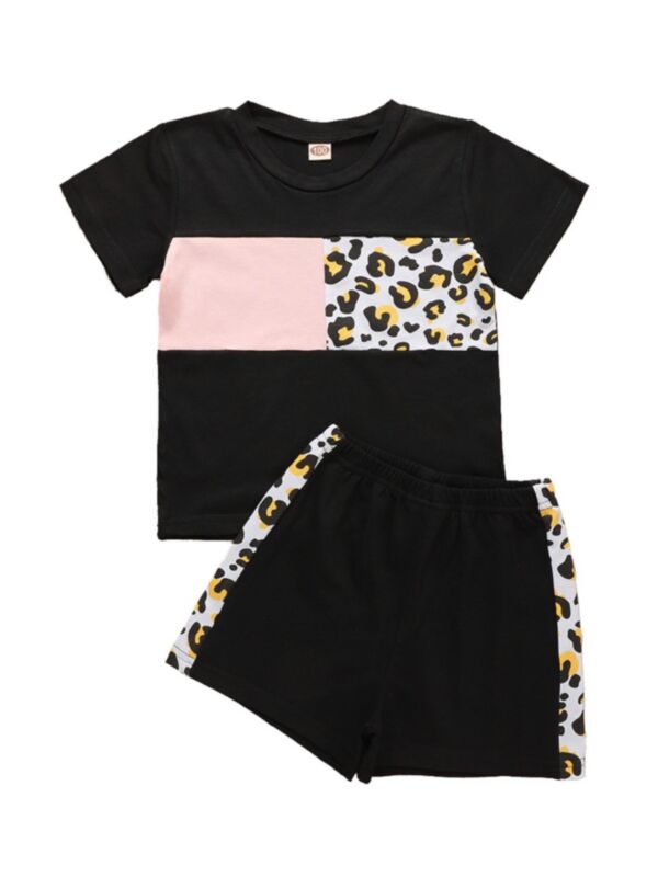 2 Pieces Little Girl Leopard Colorblock Tee and Shorts Set 