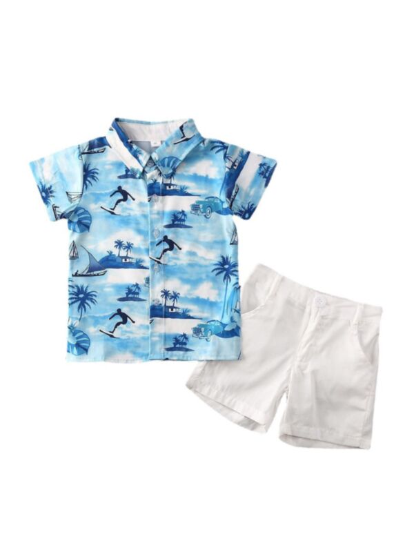 2 Pieces Kid Boy Summer Coconut Print Shirt And Shorts Set 