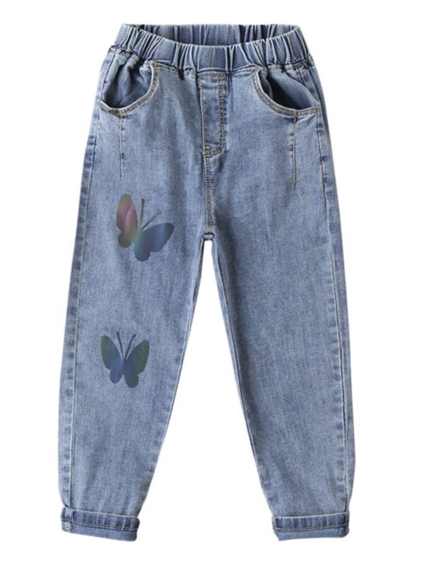 Kid Girl Elastic Waist Butterfly Jeans