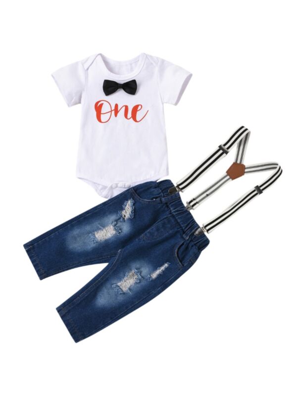 Two-piece Baby Boy One Bowtie Bodysuit And Ripped Suspender Jeans Set