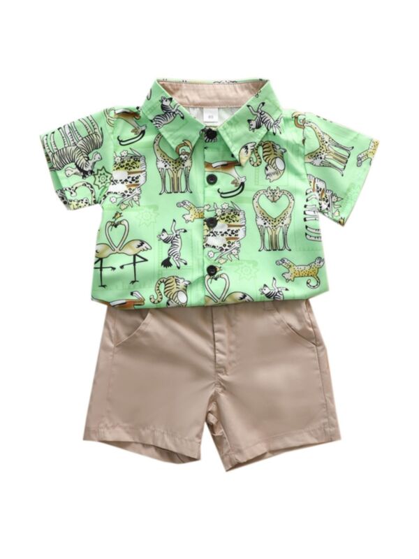 2 Pieces Kid Boy Zoo Printed Shirt & Shorts Set