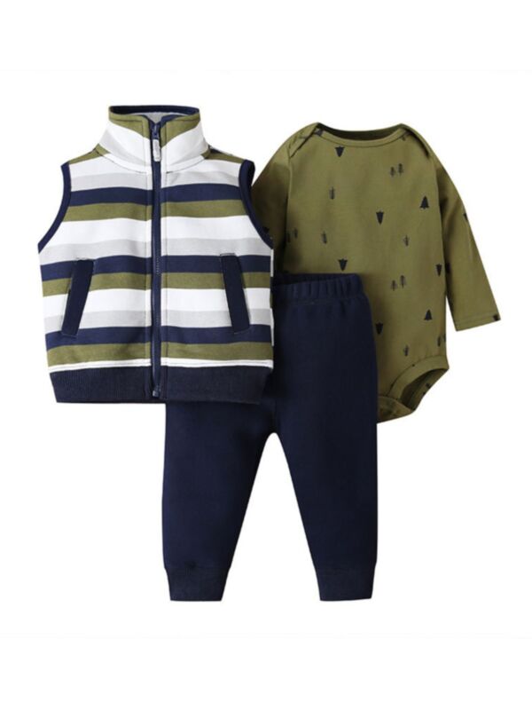 3-Piece Baby Boy Tree Bodysuit & Striped Vest & Pants Set